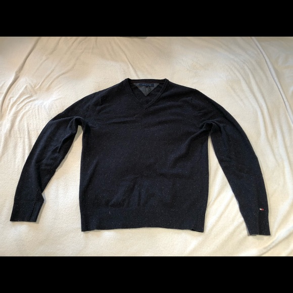 Tommy Hilfiger Denim Mens L Sweater. Navy/ multi fleck. Brown elbow patches - Picture 1 of 4